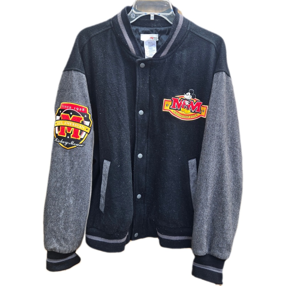 Disney Store Mickey Mouse Varsity Jacket Men Lrg Wool Blend Black Vintage Bomber